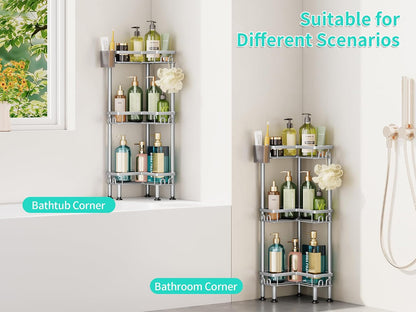 Standing Shower Caddy Corner - 3 Tier Corner Shower Organizer with Toothbrush Holder and 12 Hooks, Large Capacity Rustproof Bathroom Shelves for Tall Bottles, Black