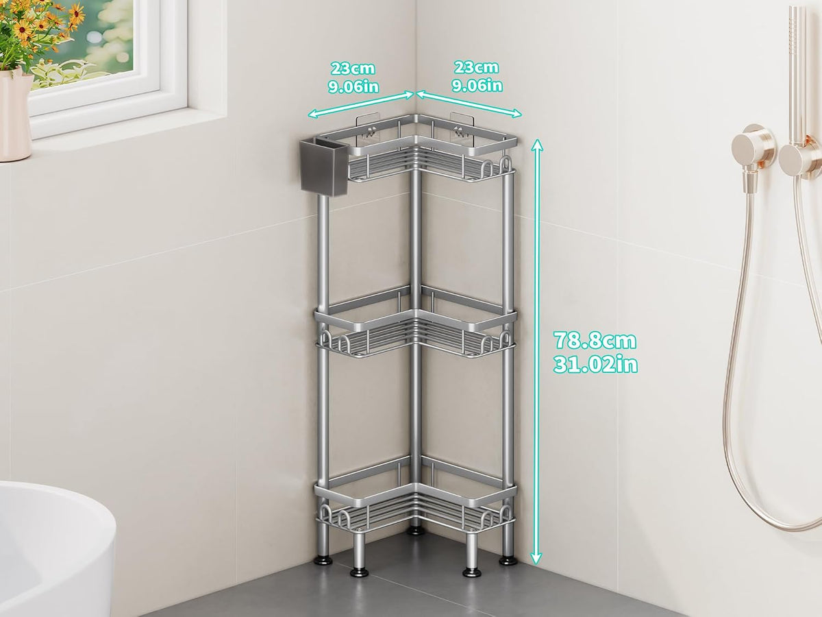 Standing Shower Caddy Corner - 3 Tier Corner Shower Organizer with Toothbrush Holder and 12 Hooks, Large Capacity Rustproof Bathroom Shelves for Tall Bottles, Black