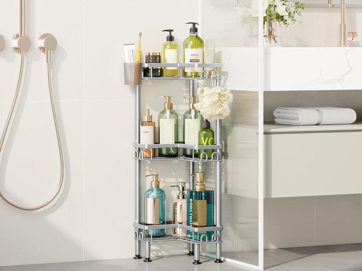 Standing Shower Caddy Corner - 3 Tier Corner Shower Organizer with Toothbrush Holder and 12 Hooks, Large Capacity Rustproof Bathroom Shelves for Tall Bottles, Black