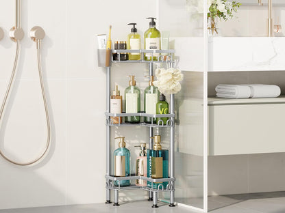 Standing Shower Caddy Corner - 3 Tier Corner Shower Organizer with Toothbrush Holder and 12 Hooks, Large Capacity Rustproof Bathroom Shelves for Tall Bottles, Black