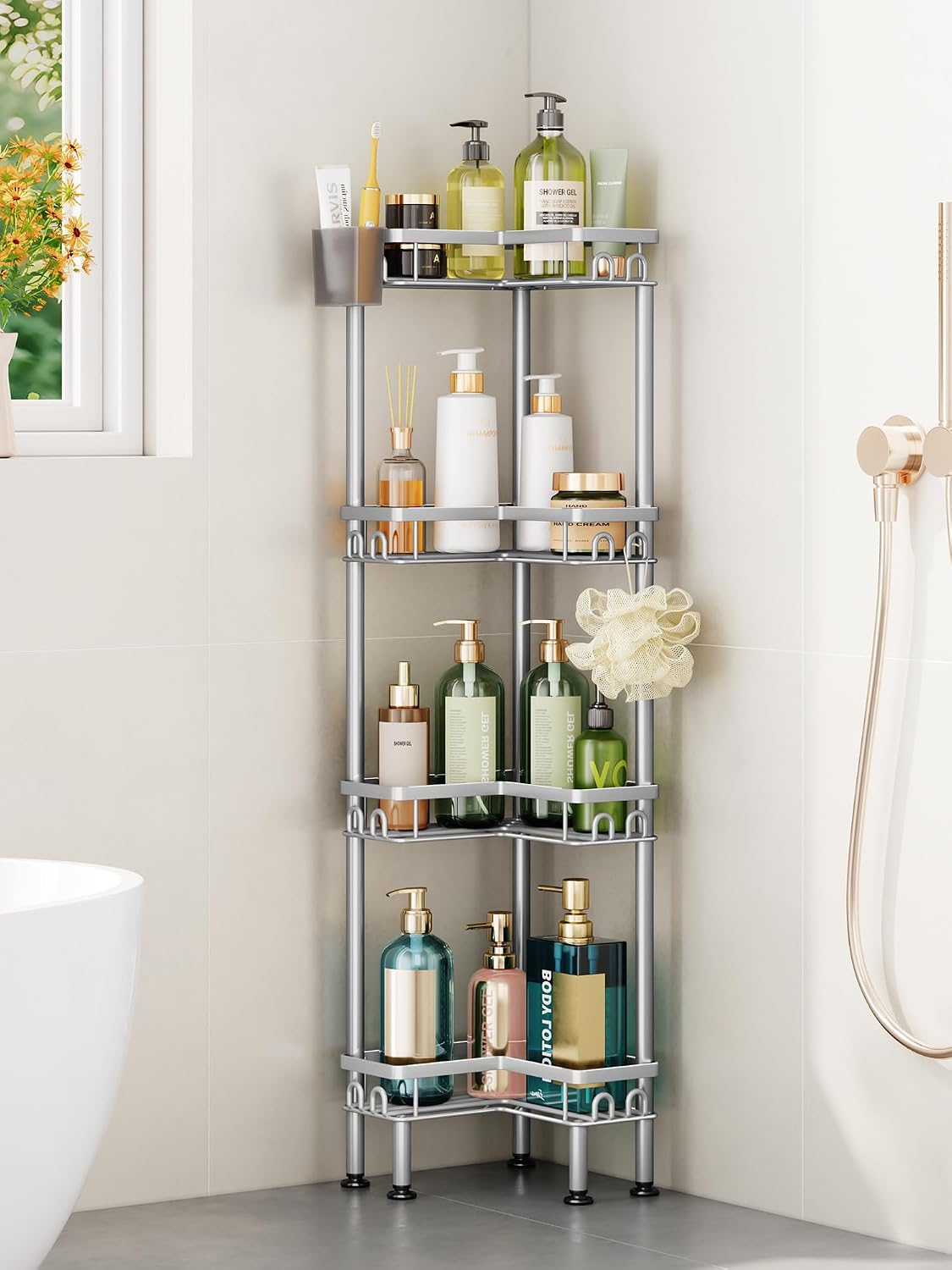 Standing Shower Caddy Corner - 3 Tier Corner Shower Organizer with Toothbrush Holder and 12 Hooks, Large Capacity Rustproof Bathroom Shelves for Tall Bottles, Black