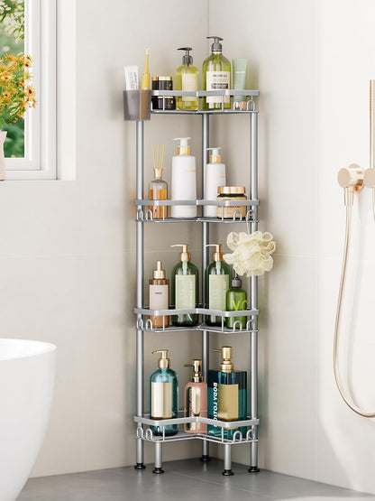 Standing Shower Caddy Corner - 3 Tier Corner Shower Organizer with Toothbrush Holder and 12 Hooks, Large Capacity Rustproof Bathroom Shelves for Tall Bottles, Black