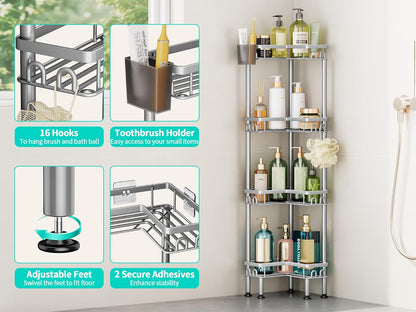 Standing Shower Caddy Corner - 3 Tier Corner Shower Organizer with Toothbrush Holder and 12 Hooks, Large Capacity Rustproof Bathroom Shelves for Tall Bottles, Black