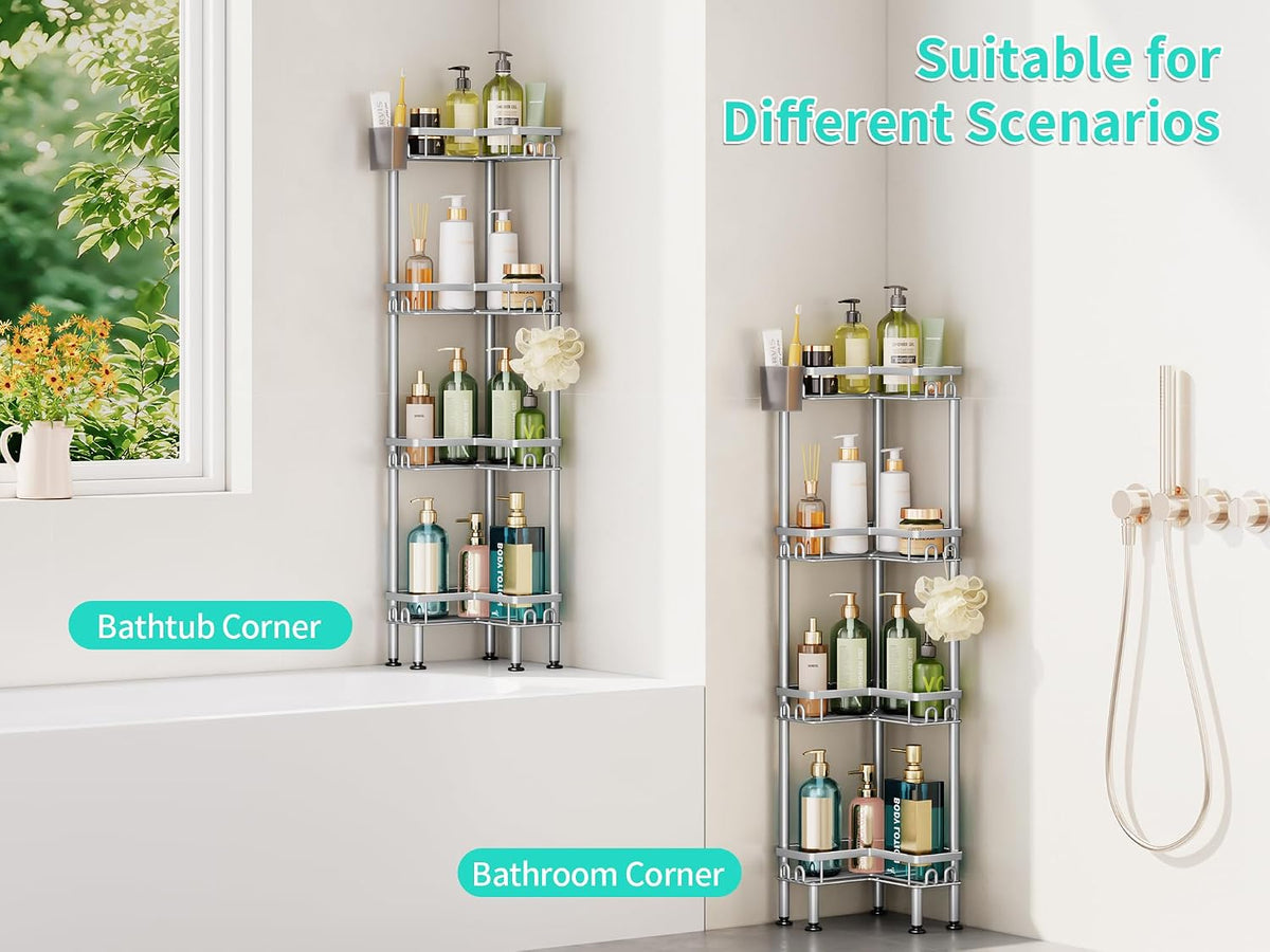 Standing Shower Caddy Corner - 3 Tier Corner Shower Organizer with Toothbrush Holder and 12 Hooks, Large Capacity Rustproof Bathroom Shelves for Tall Bottles, Black