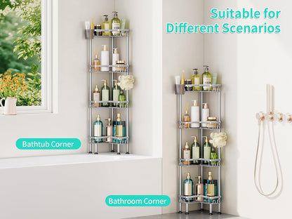 Standing Shower Caddy Corner - 3 Tier Corner Shower Organizer with Toothbrush Holder and 12 Hooks, Large Capacity Rustproof Bathroom Shelves for Tall Bottles, Black