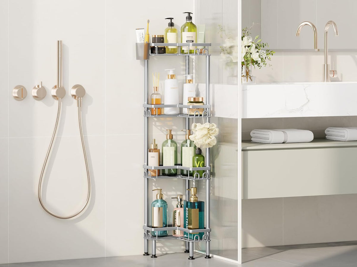 Standing Shower Caddy Corner - 3 Tier Corner Shower Organizer with Toothbrush Holder and 12 Hooks, Large Capacity Rustproof Bathroom Shelves for Tall Bottles, Black