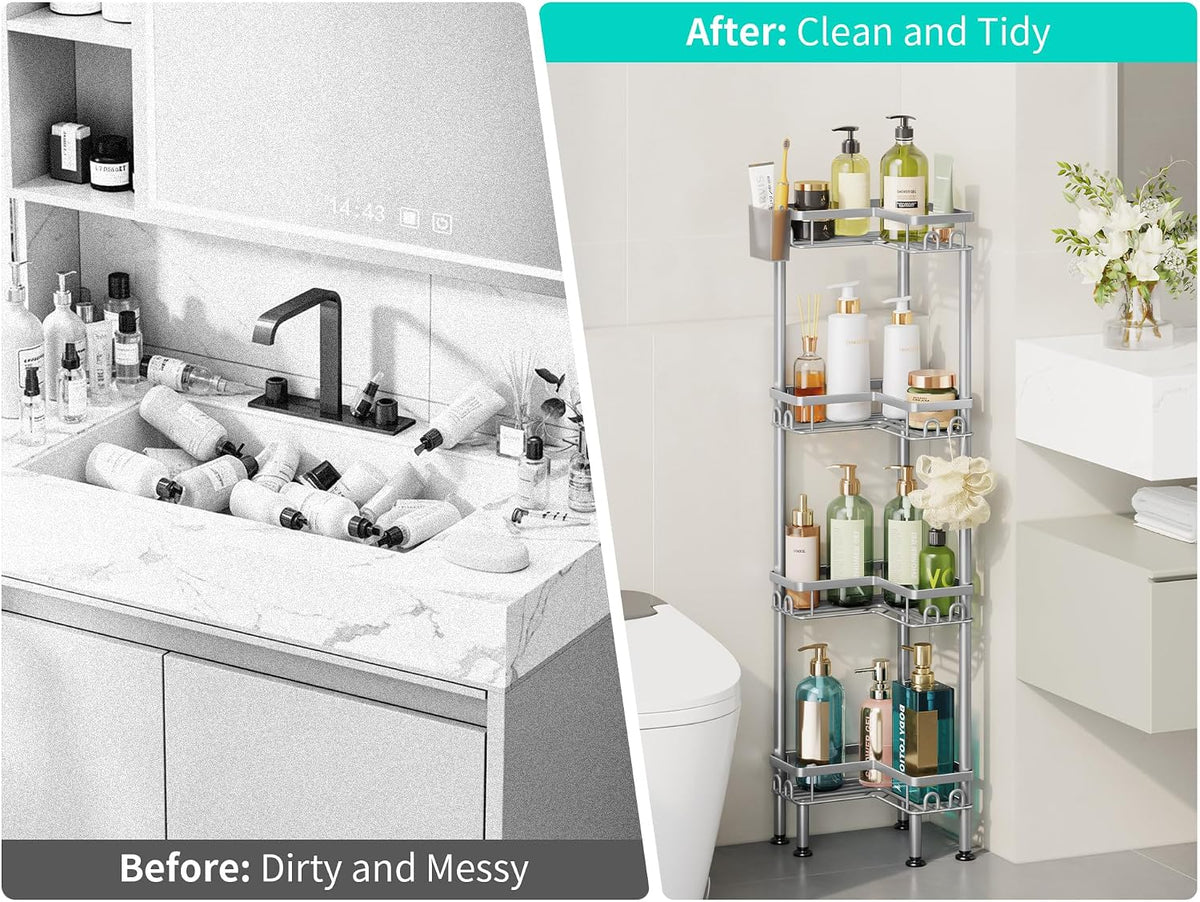 Standing Shower Caddy Corner - 3 Tier Corner Shower Organizer with Toothbrush Holder and 12 Hooks, Large Capacity Rustproof Bathroom Shelves for Tall Bottles, Black