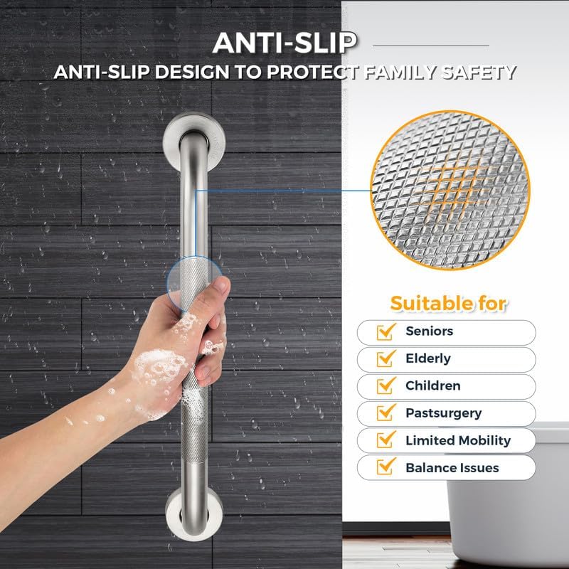 Grab Bars for Shower, 16 Inch Shower Handle, 2 Pack, Polished Nickel | Grab Bars for Bathroom, Stainless Steel, Anti-Slip Textured Grip, 1-Inch Diameter, Wall-Mounted Safety Support for Seniors