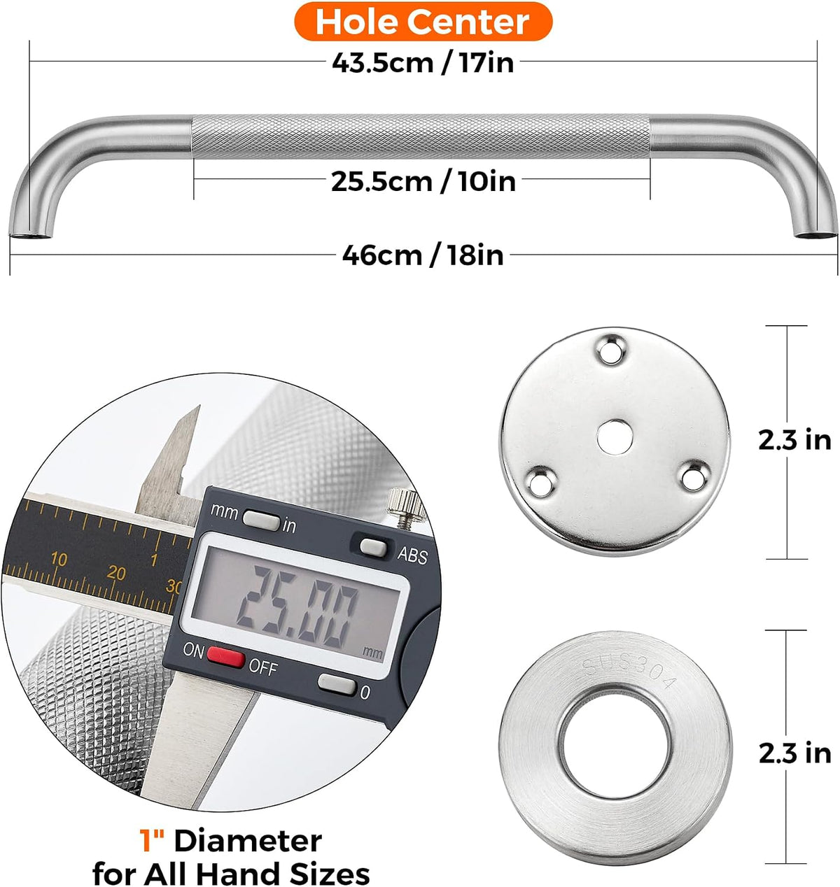 Grab Bars for Shower, 16 Inch Shower Handle, 2 Pack, Polished Nickel | Grab Bars for Bathroom, Stainless Steel, Anti-Slip Textured Grip, 1-Inch Diameter, Wall-Mounted Safety Support for Seniors