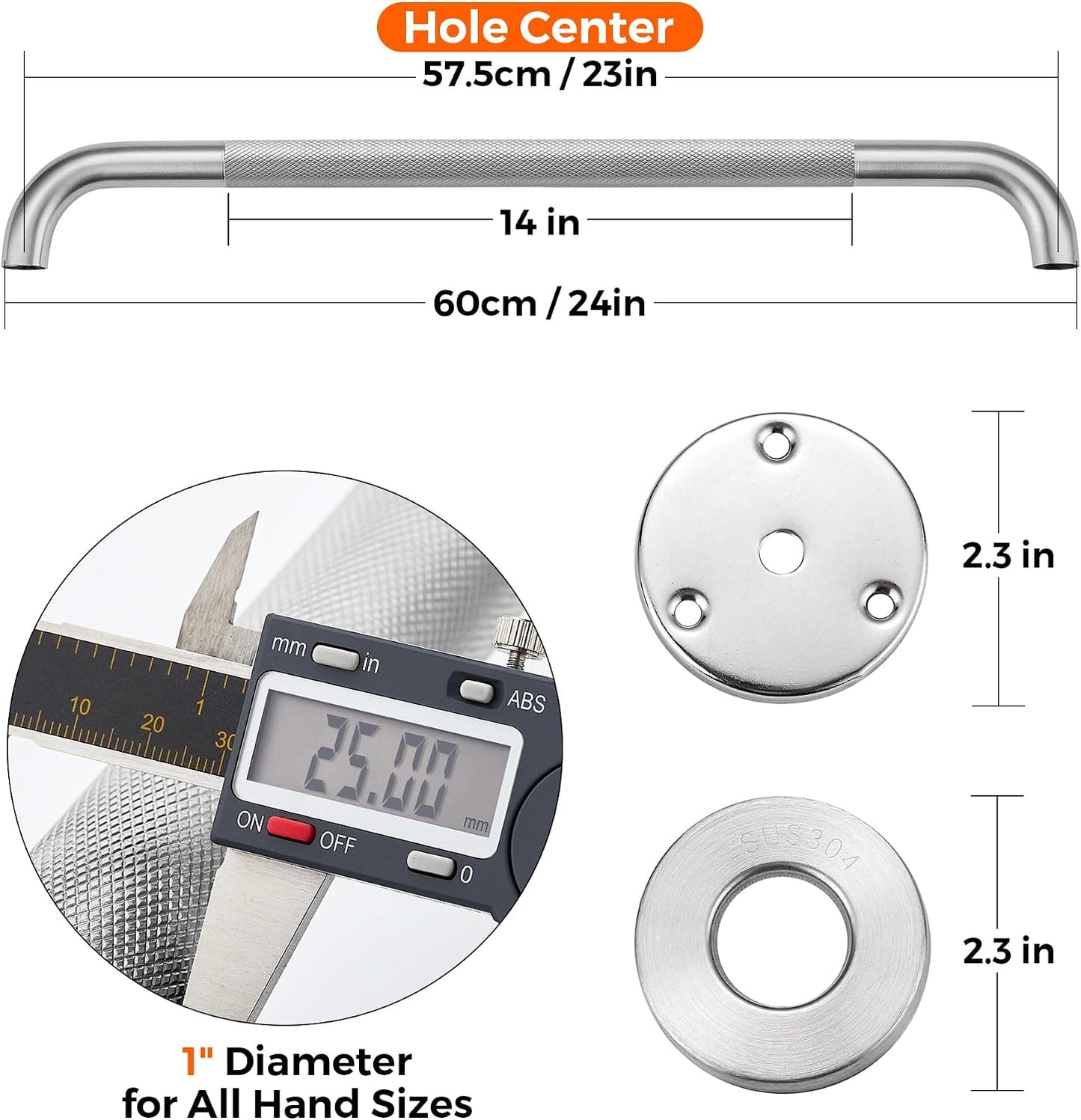 Grab Bars for Shower, 16 Inch Shower Handle, 2 Pack, Polished Nickel | Grab Bars for Bathroom, Stainless Steel, Anti-Slip Textured Grip, 1-Inch Diameter, Wall-Mounted Safety Support for Seniors
