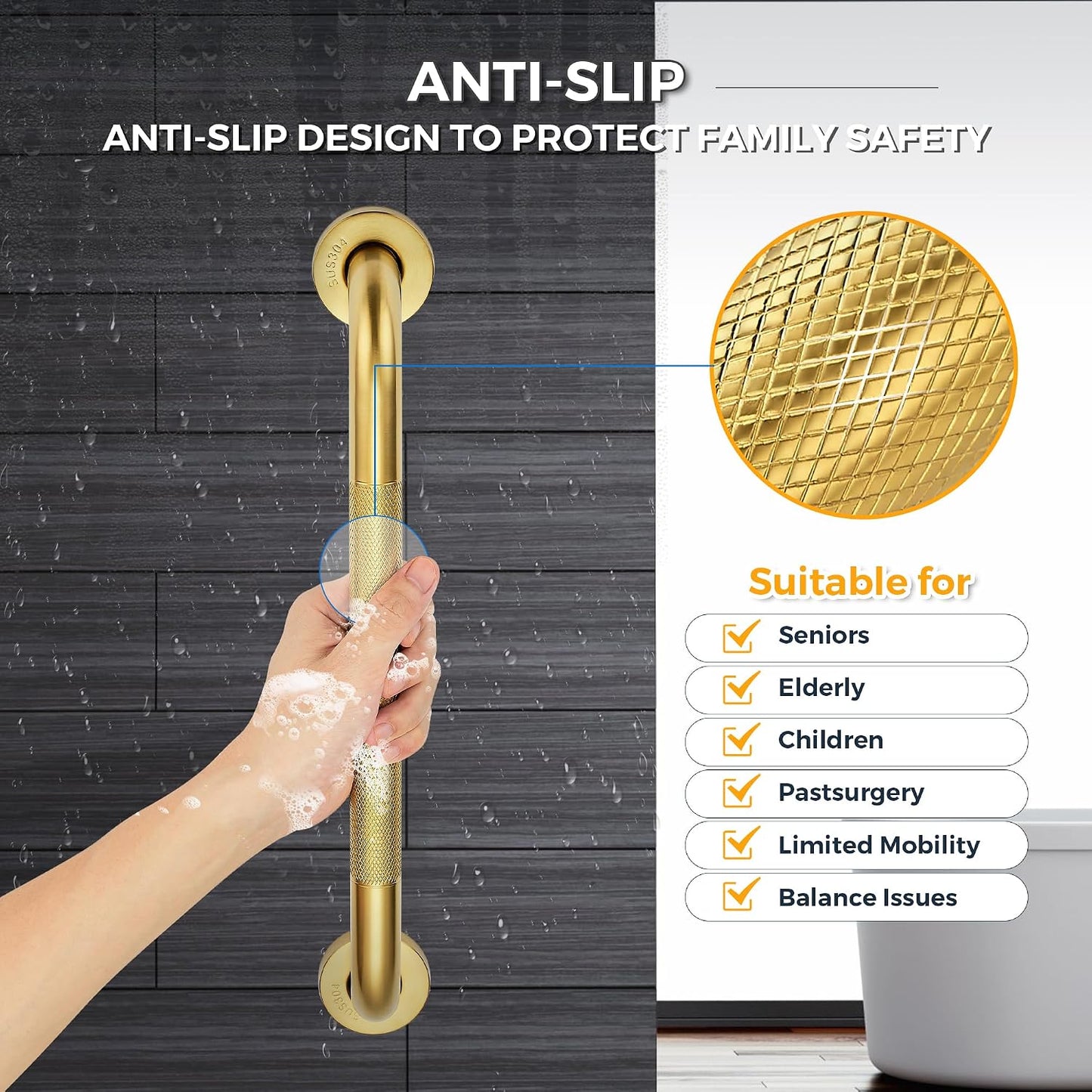 Grab Bars for Shower, 16 Inch Shower Handle, 2 Pack, Polished Nickel | Grab Bars for Bathroom, Stainless Steel, Anti-Slip Textured Grip, 1-Inch Diameter, Wall-Mounted Safety Support for Seniors