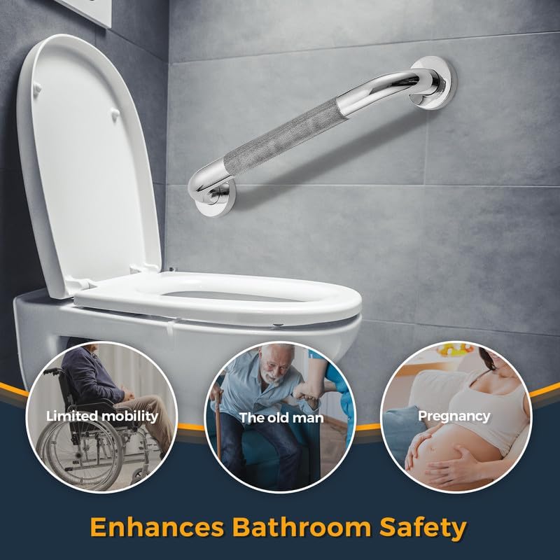 Grab Bars for Shower, 16 Inch Shower Handle, 2 Pack, Polished Nickel | Grab Bars for Bathroom, Stainless Steel, Anti-Slip Textured Grip, 1-Inch Diameter, Wall-Mounted Safety Support for Seniors