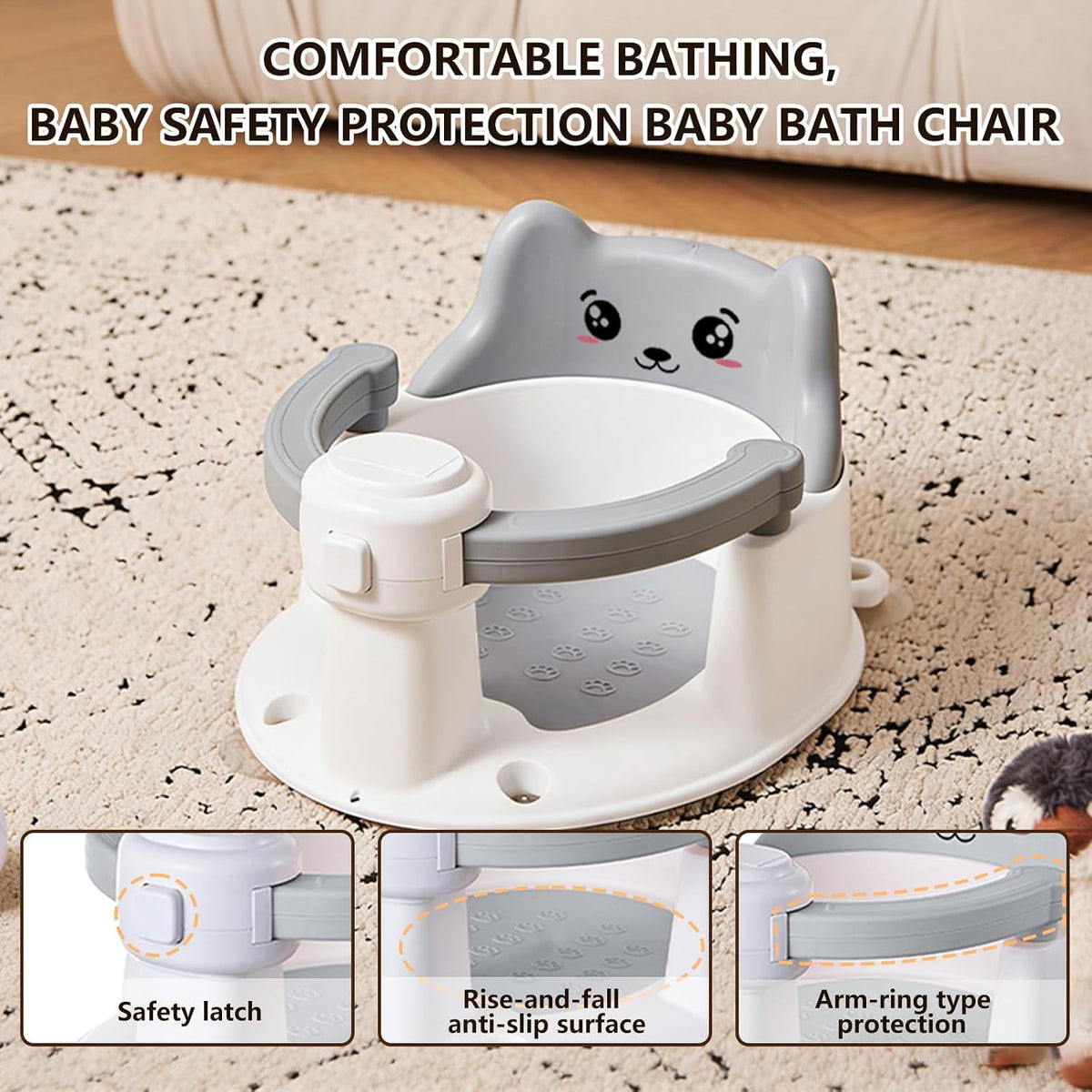 Baby Bath Seat for Babies 6 Months and Up, Non-Slip Bathtub Support Seat for Toddlers, Portable Infant Bath Chair with Strong Suction Cups, Safety Armrest & Cute Bear Backrest