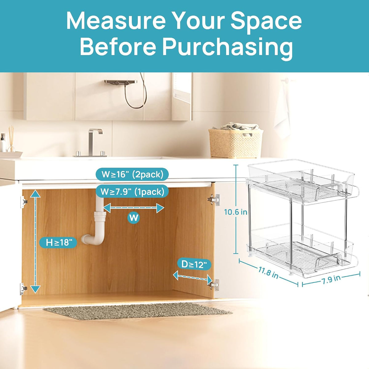2 Pack Pull Out Bathroom Under Sink Organizer (S-Standard)