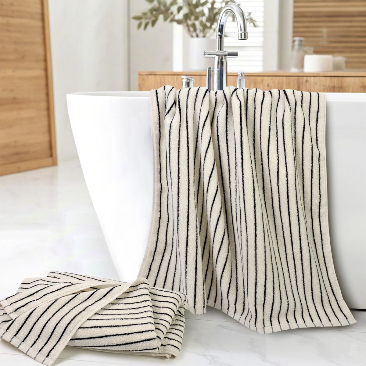 Black and Ivory Striped Bath Towels Set of 2, Lighter & Quick Dry Towels | Large 27.5 x 55 inches, Farmhouse for Bathroom, Pool, Shower