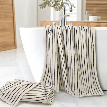 Black and Ivory Striped Bath Towels Set of 2, Lighter & Quick Dry Towels | Large 27.5 x 55 inches, Farmhouse for Bathroom, Pool, Shower