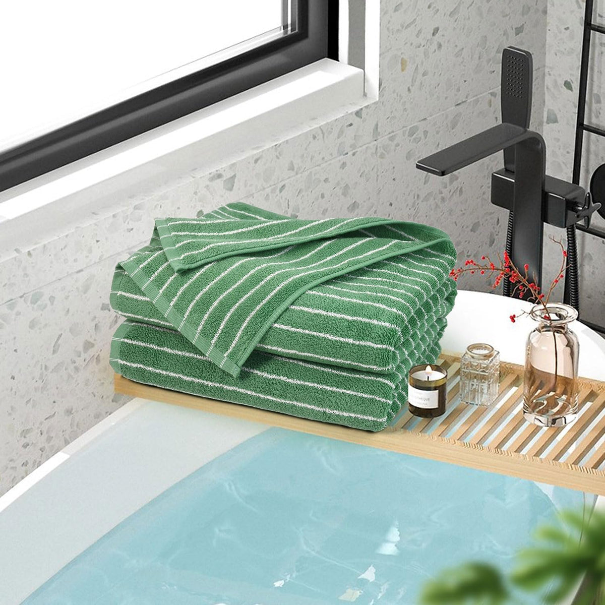 Black and Ivory Striped Bath Towels Set of 2, Lighter & Quick Dry Towels | Large 27.5 x 55 inches, Farmhouse for Bathroom, Pool, Shower