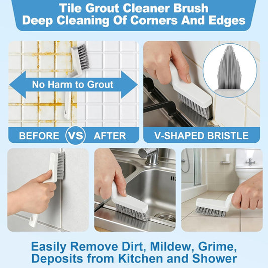 11Pcs V-Shaped Grout Cleaning Brush Set, with Stiff Bristles Crevice Cleaning Brush and Steel Scraper, Deep Cleaning Supplies for Cleaning Bathrooms, Kitchens, Tiles and Windows