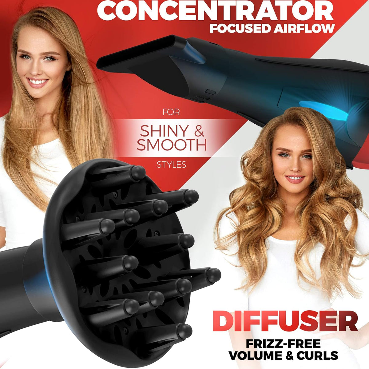Professional Ionic Curly Hair Dryer with Diffuser, Black/Red