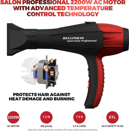 Professional Ionic Curly Hair Dryer with Diffuser, Black/Red
