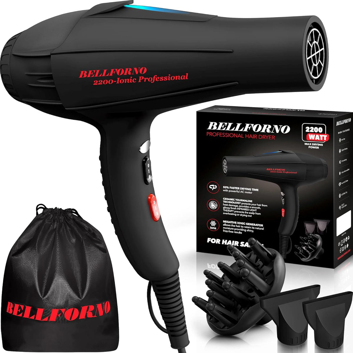 Professional Ionic Curly Hair Dryer with Diffuser, Black/Red