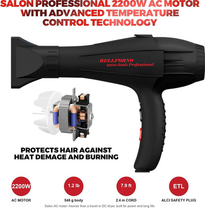 Professional Ionic Curly Hair Dryer with Diffuser, Black/Red