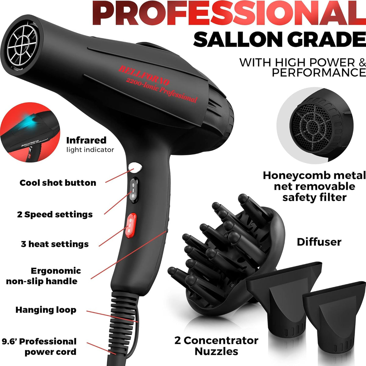Professional Ionic Curly Hair Dryer with Diffuser, Black/Red