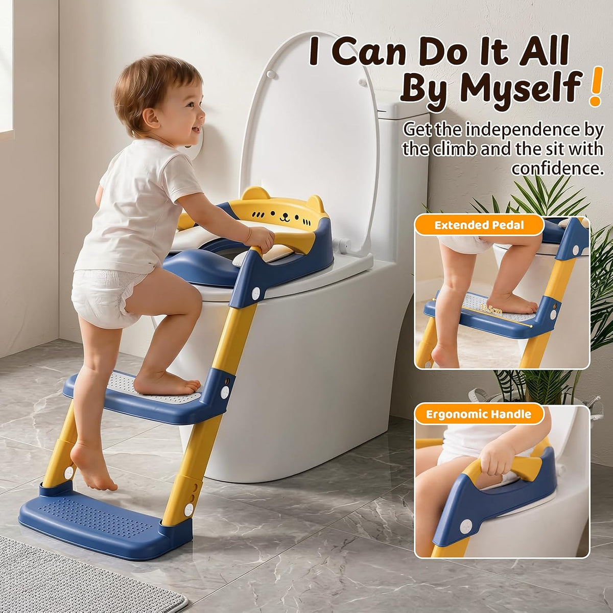Orzbow Potty Training Seat with Step Stool, Adjustable Height, Anti-Slip | Safety Handles, Comfortable Seat Cushion, Splash Guard for Toddler Boys and Girls, Fits Most Toilets, Foldable Storage, Gray