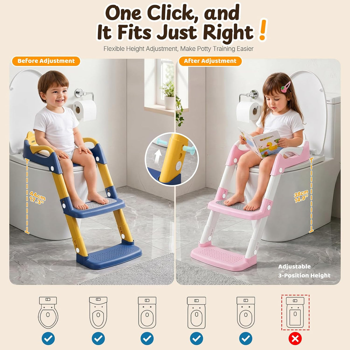 Orzbow Potty Training Seat with Step Stool, Adjustable Height, Anti-Slip | Safety Handles, Comfortable Seat Cushion, Splash Guard for Toddler Boys and Girls, Fits Most Toilets, Foldable Storage, Gray