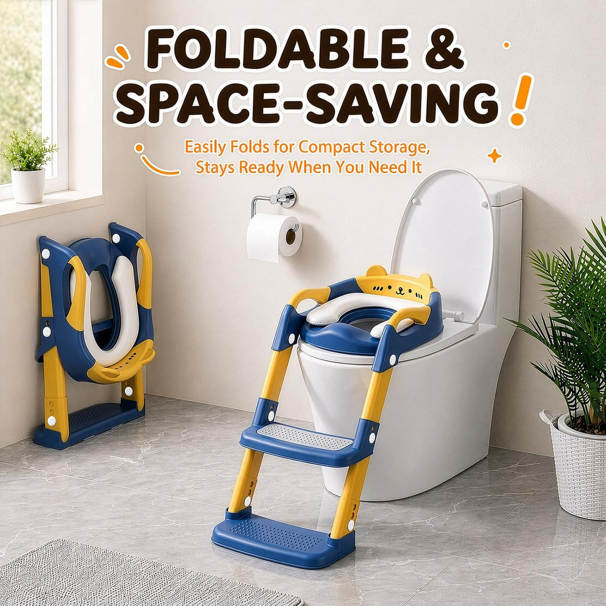 Orzbow Potty Training Seat with Step Stool, Adjustable Height, Anti-Slip | Safety Handles, Comfortable Seat Cushion, Splash Guard for Toddler Boys and Girls, Fits Most Toilets, Foldable Storage, Gray