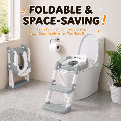 Orzbow Potty Training Seat with Step Stool, Adjustable Height, Anti-Slip | Safety Handles, Comfortable Seat Cushion, Splash Guard for Toddler Boys and Girls, Fits Most Toilets, Foldable Storage, Gray