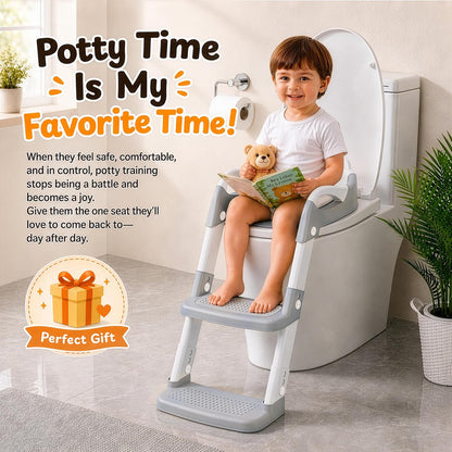 Orzbow Potty Training Seat with Step Stool, Adjustable Height, Anti-Slip | Safety Handles, Comfortable Seat Cushion, Splash Guard for Toddler Boys and Girls, Fits Most Toilets, Foldable Storage, Gray