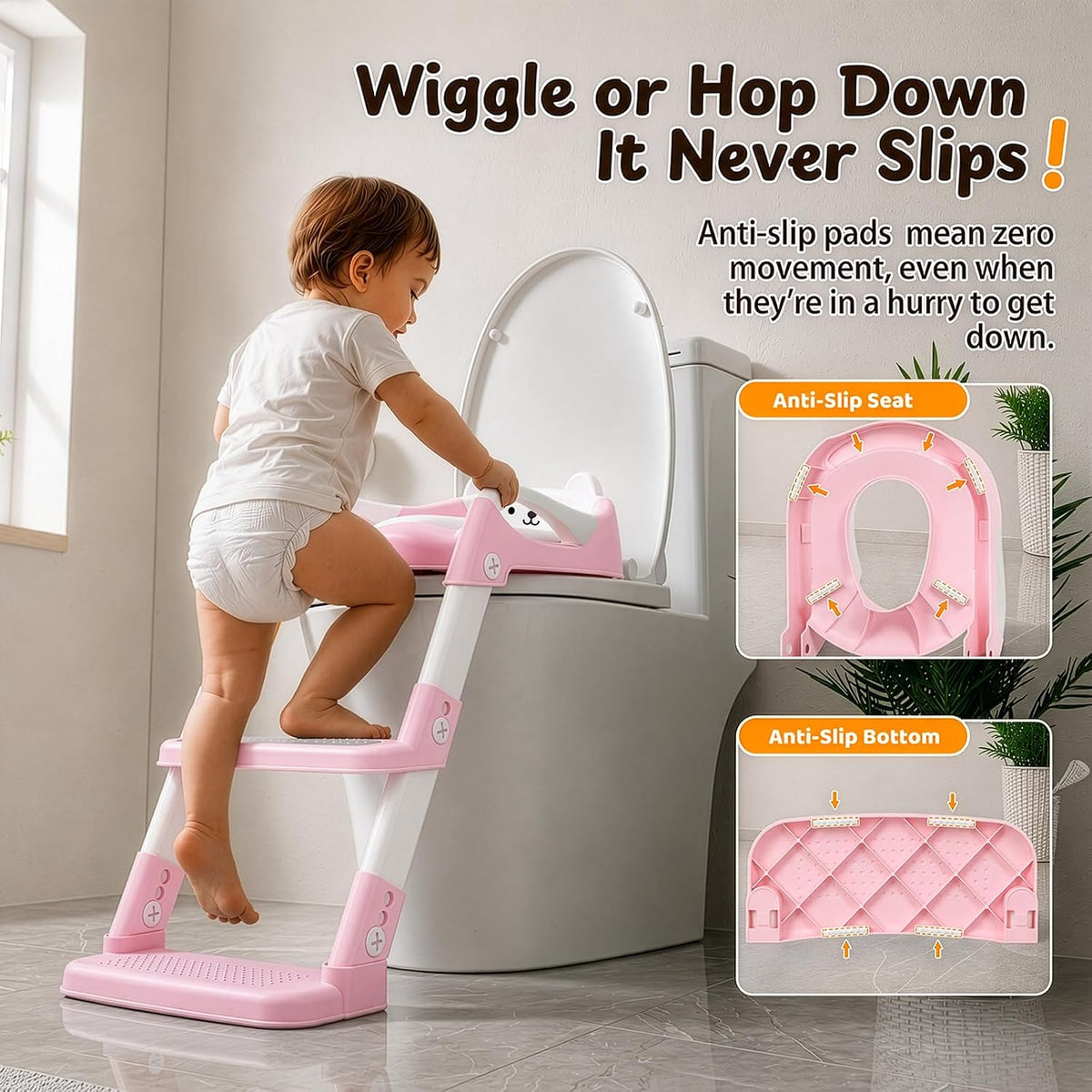 Orzbow Potty Training Seat with Step Stool, Adjustable Height, Anti-Slip | Safety Handles, Comfortable Seat Cushion, Splash Guard for Toddler Boys and Girls, Fits Most Toilets, Foldable Storage, Gray