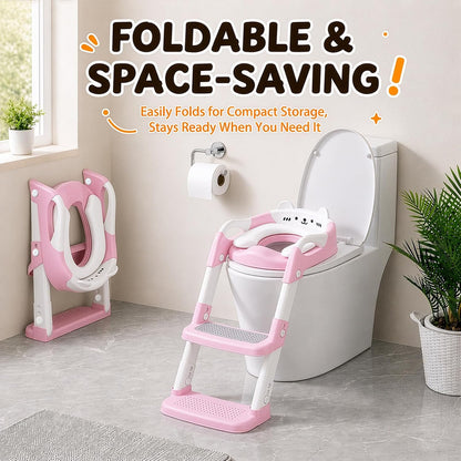 Orzbow Potty Training Seat with Step Stool, Adjustable Height, Anti-Slip | Safety Handles, Comfortable Seat Cushion, Splash Guard for Toddler Boys and Girls, Fits Most Toilets, Foldable Storage, Gray
