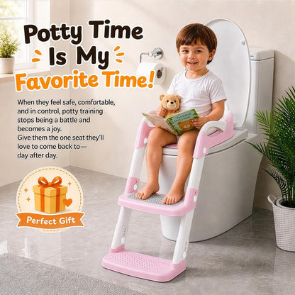 Orzbow Potty Training Seat with Step Stool, Adjustable Height, Anti-Slip | Safety Handles, Comfortable Seat Cushion, Splash Guard for Toddler Boys and Girls, Fits Most Toilets, Foldable Storage, Gray
