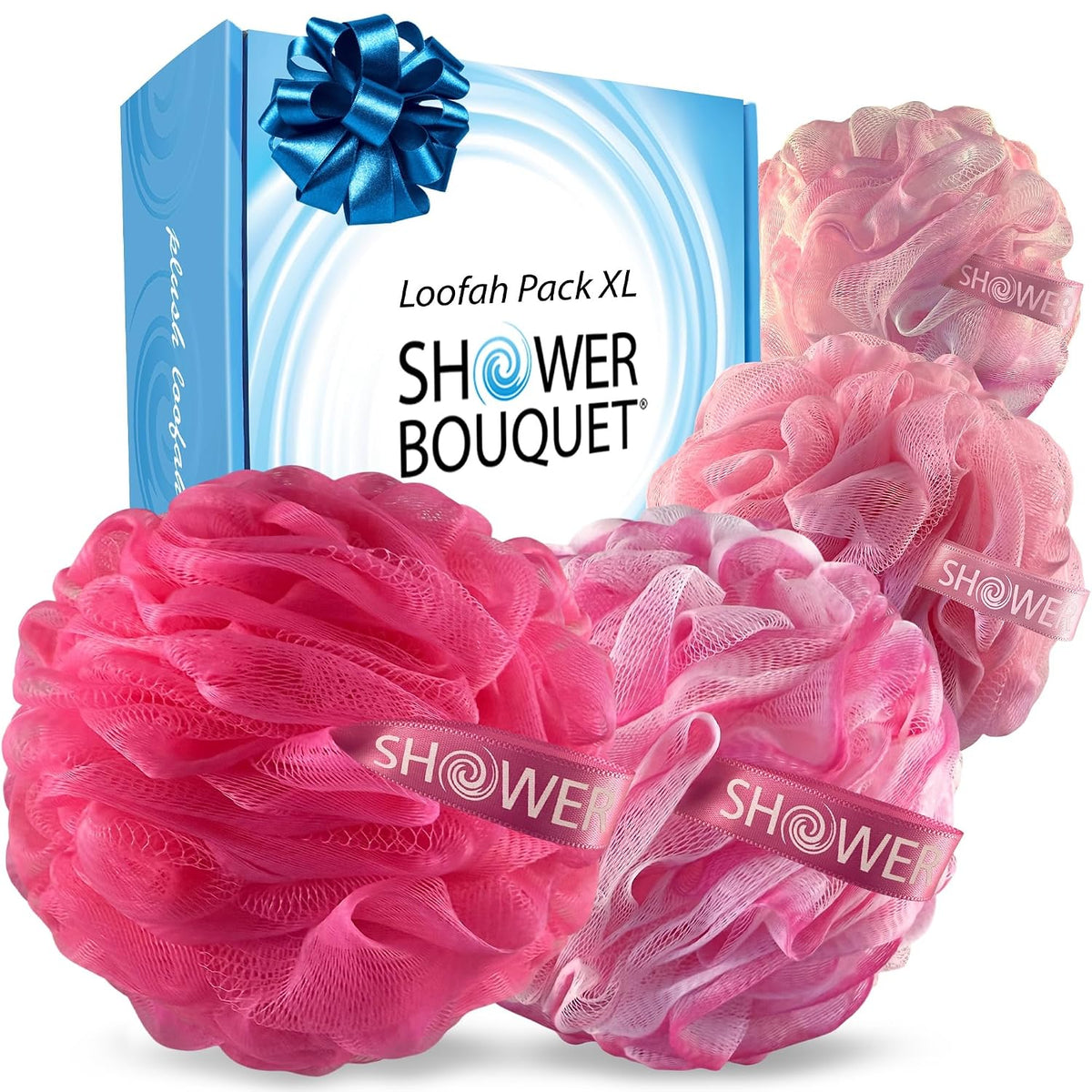 Loofah Soft-White-Cloud Bath-Sponge 4-Pack Extra Large 75g | Soft Mesh Net Luffa Loufa Loofa Puff Set / Exfoliating Body Scrubber Lufas for Women and Men Face & Body Shower Loofah Sponge