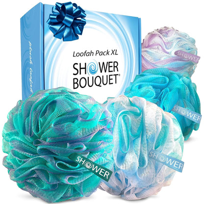 Loofah Soft-White-Cloud Bath-Sponge 4-Pack Extra Large 75g | Soft Mesh Net Luffa Loufa Loofa Puff Set / Exfoliating Body Scrubber Lufas for Women and Men Face & Body Shower Loofah Sponge