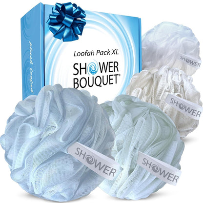 Loofah Soft-White-Cloud Bath-Sponge 4-Pack Extra Large 75g | Soft Mesh Net Luffa Loufa Loofa Puff Set / Exfoliating Body Scrubber Lufas for Women and Men Face & Body Shower Loofah Sponge