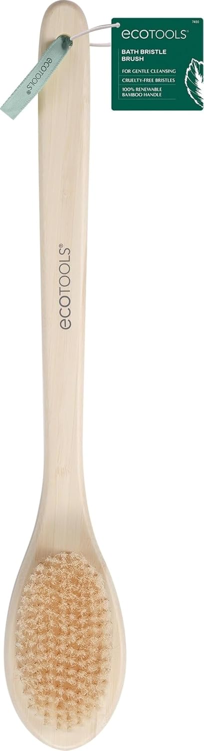 Bath Bristle Brush, Back Scrubber for Shower with Long Handle | Smooth skin daily, body brush for showering with bamboo handle, vegan, cruelty-free, nylon bristles, back brush for shower