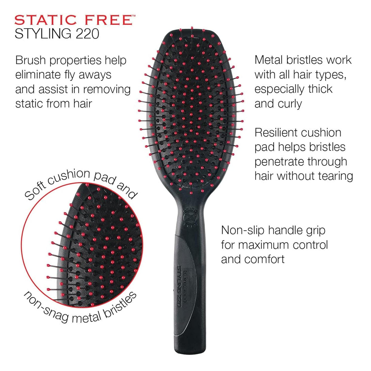 Cricket Static Free Fast Flo Vent Hair Brush - Quick Blow Drying, Easy Styling, and Tangle-Free Detangling for All Hair Types, Long, Short, Thick, Thin, Curly, Straight, and Wavy