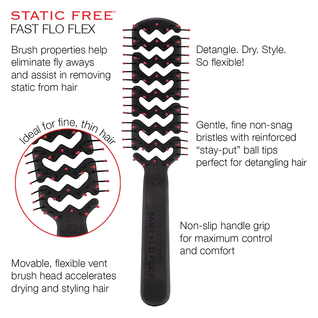 Cricket Static Free Fast Flo Vent Hair Brush - Quick Blow Drying, Easy Styling, and Tangle-Free Detangling for All Hair Types, Long, Short, Thick, Thin, Curly, Straight, and Wavy