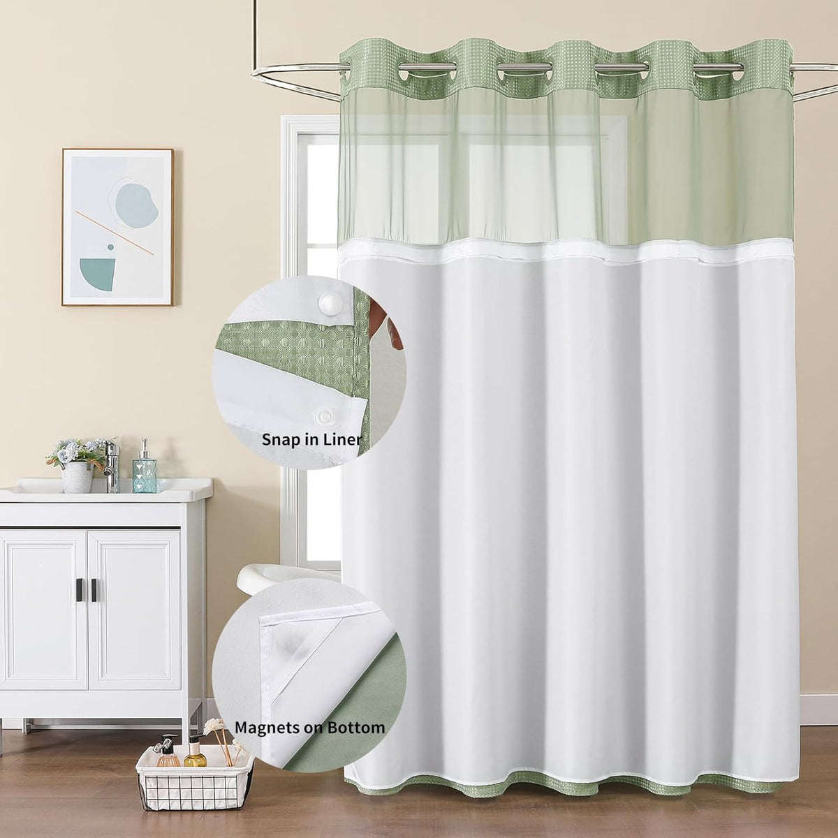 Sage Green No Hook Waffle Shower Curtain Set, 72 x 75 Inch