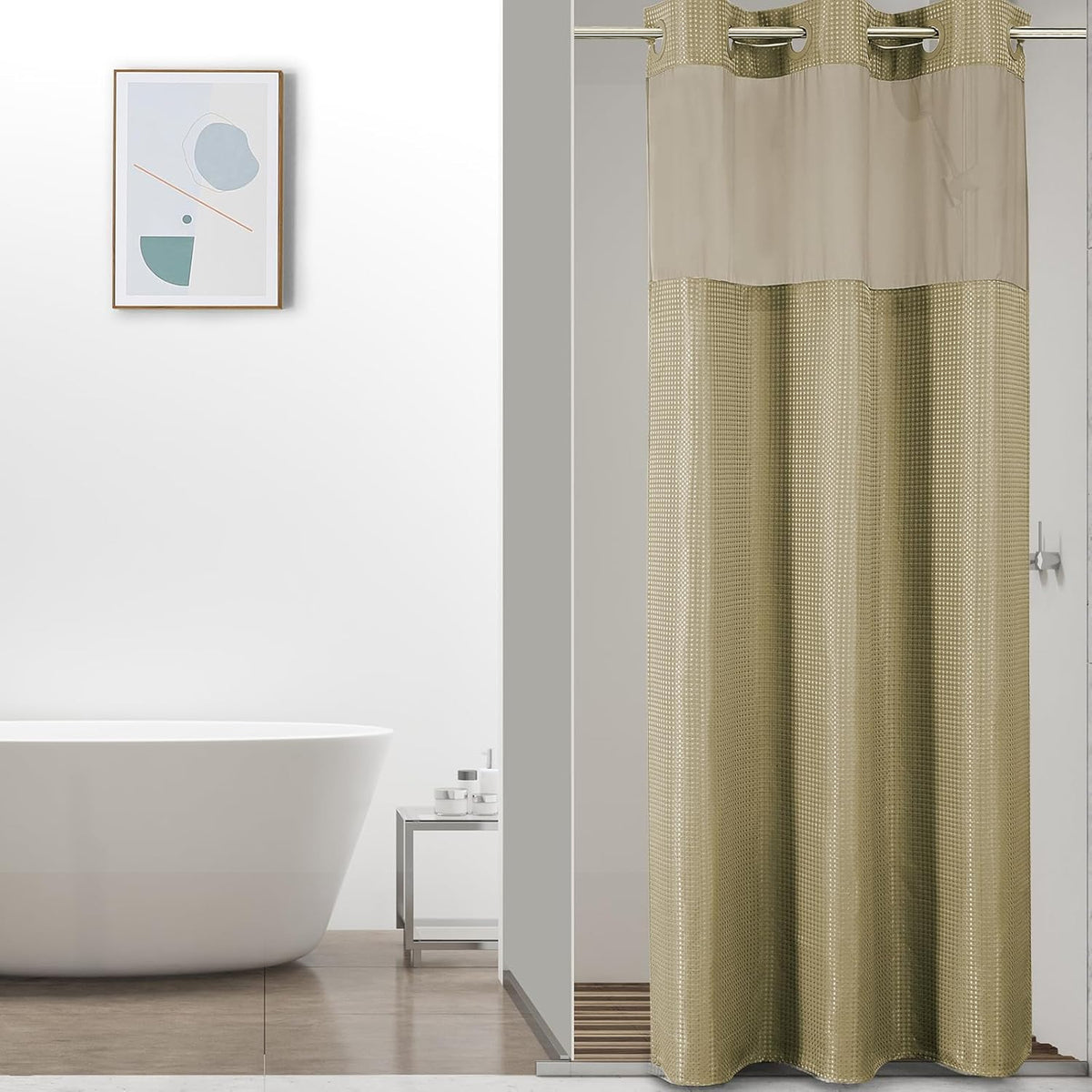 Sage Green No Hook Waffle Shower Curtain Set, 72 x 75 Inch