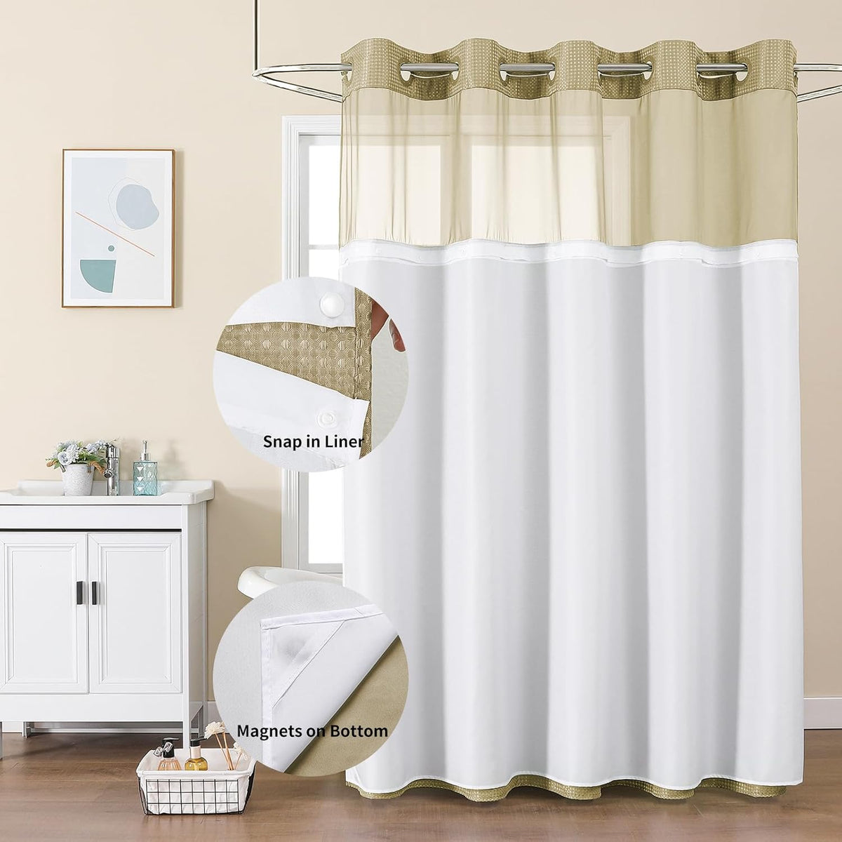 Sage Green No Hook Waffle Shower Curtain Set, 72 x 75 Inch
