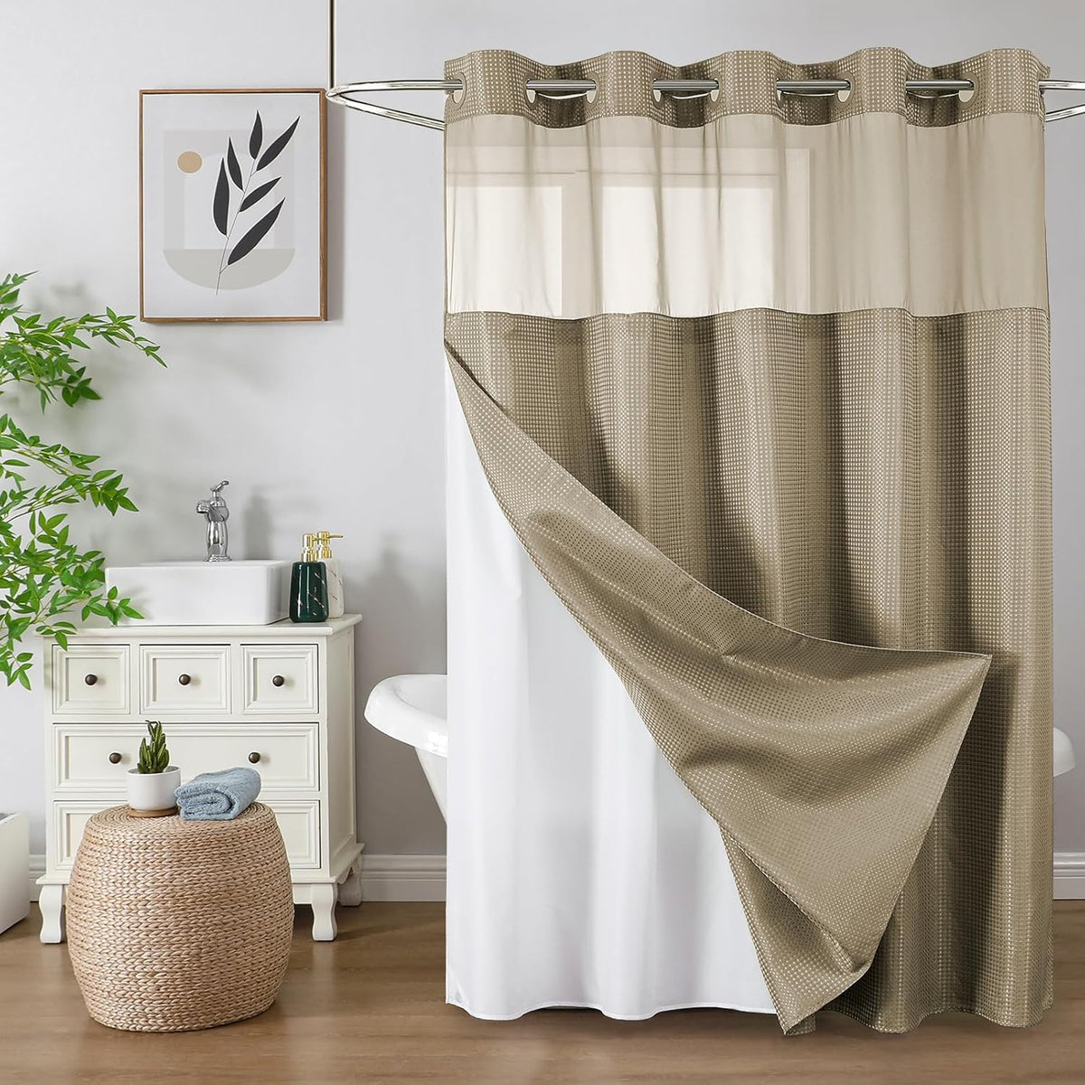 Sage Green No Hook Waffle Shower Curtain Set, 72 x 75 Inch