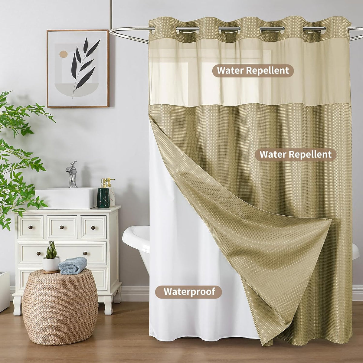 Sage Green No Hook Waffle Shower Curtain Set, 72 x 75 Inch