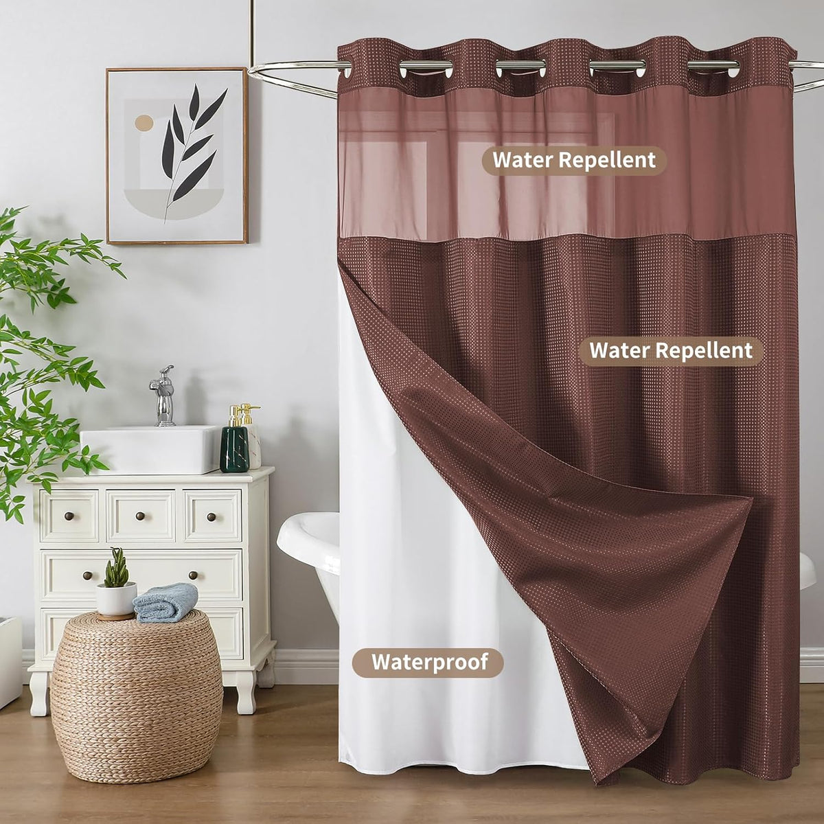 Sage Green No Hook Waffle Shower Curtain Set, 72 x 75 Inch