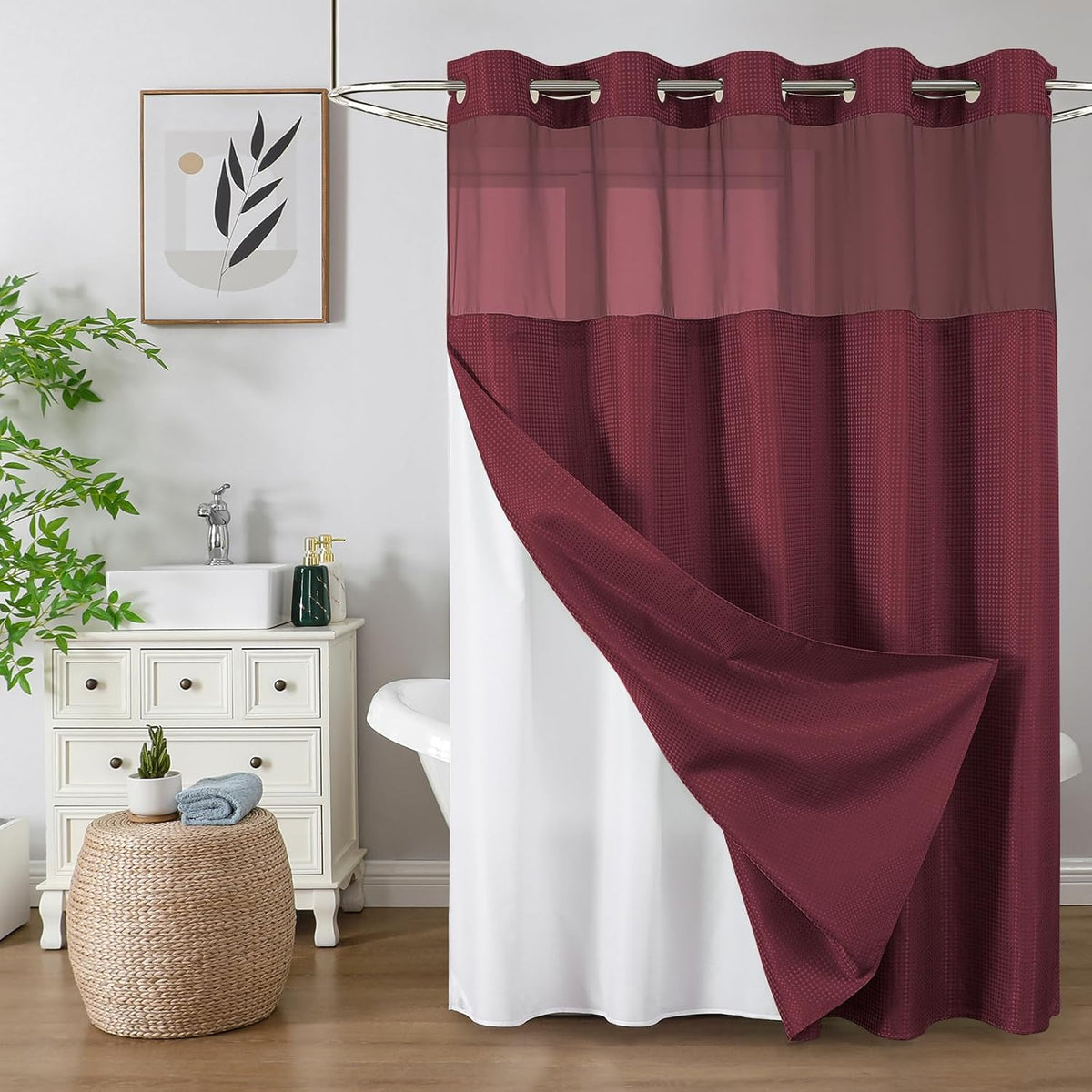 Sage Green No Hook Waffle Shower Curtain Set, 72 x 75 Inch