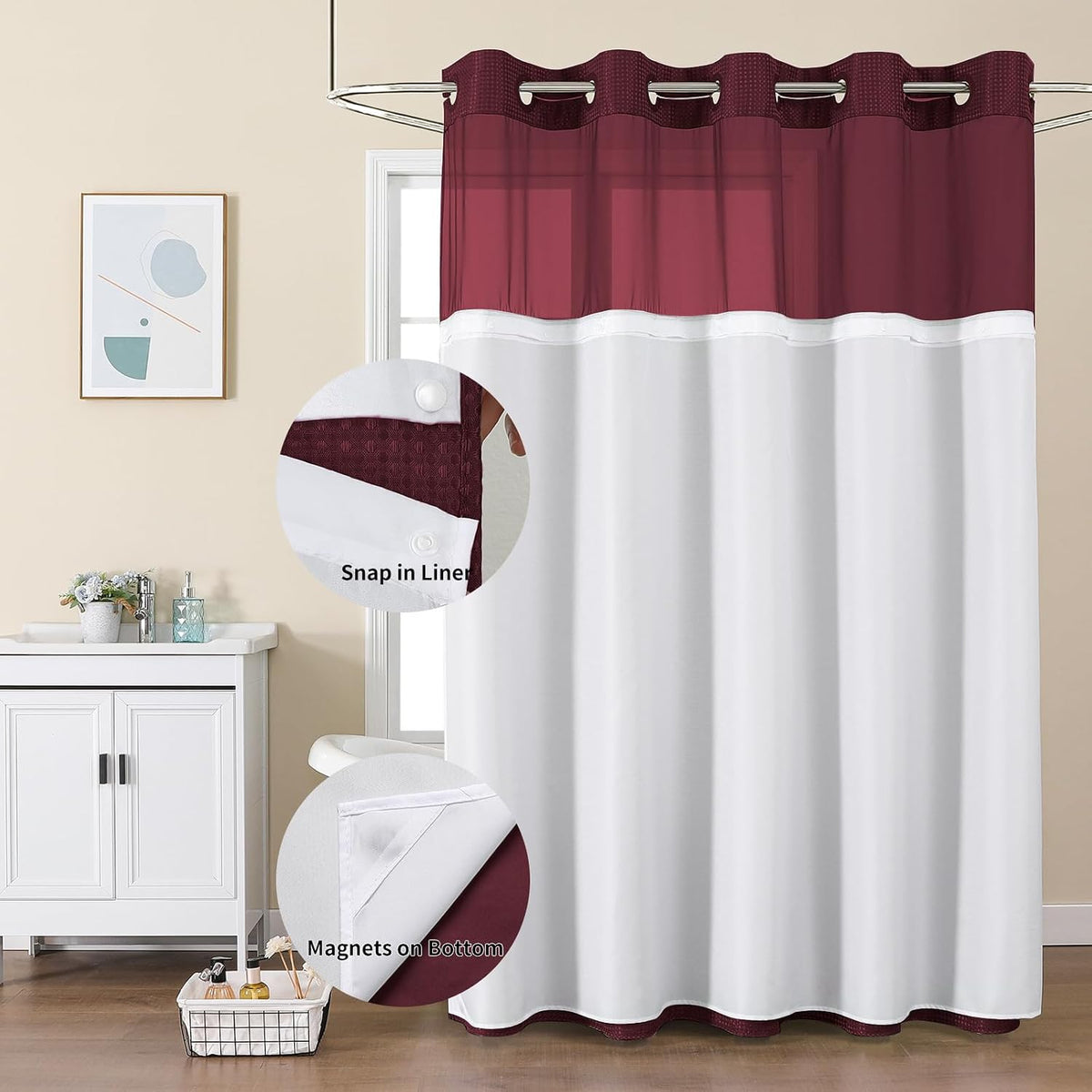 Sage Green No Hook Waffle Shower Curtain Set, 72 x 75 Inch