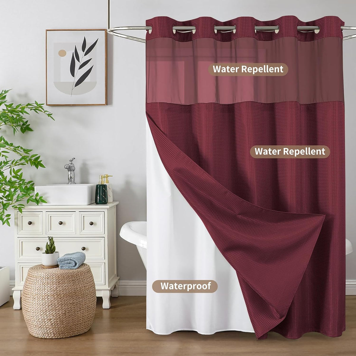 Sage Green No Hook Waffle Shower Curtain Set, 72 x 75 Inch